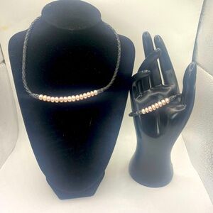 Elegant Pearl and Black Braided Jewelry Set 925
